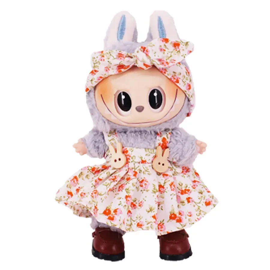 15 17cm labubu doll outfit floral dress striped shirt headband shoes