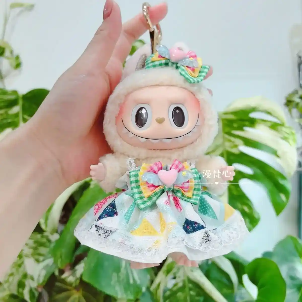 15 17cm Labubu doll clothes lemon print dress and bow set