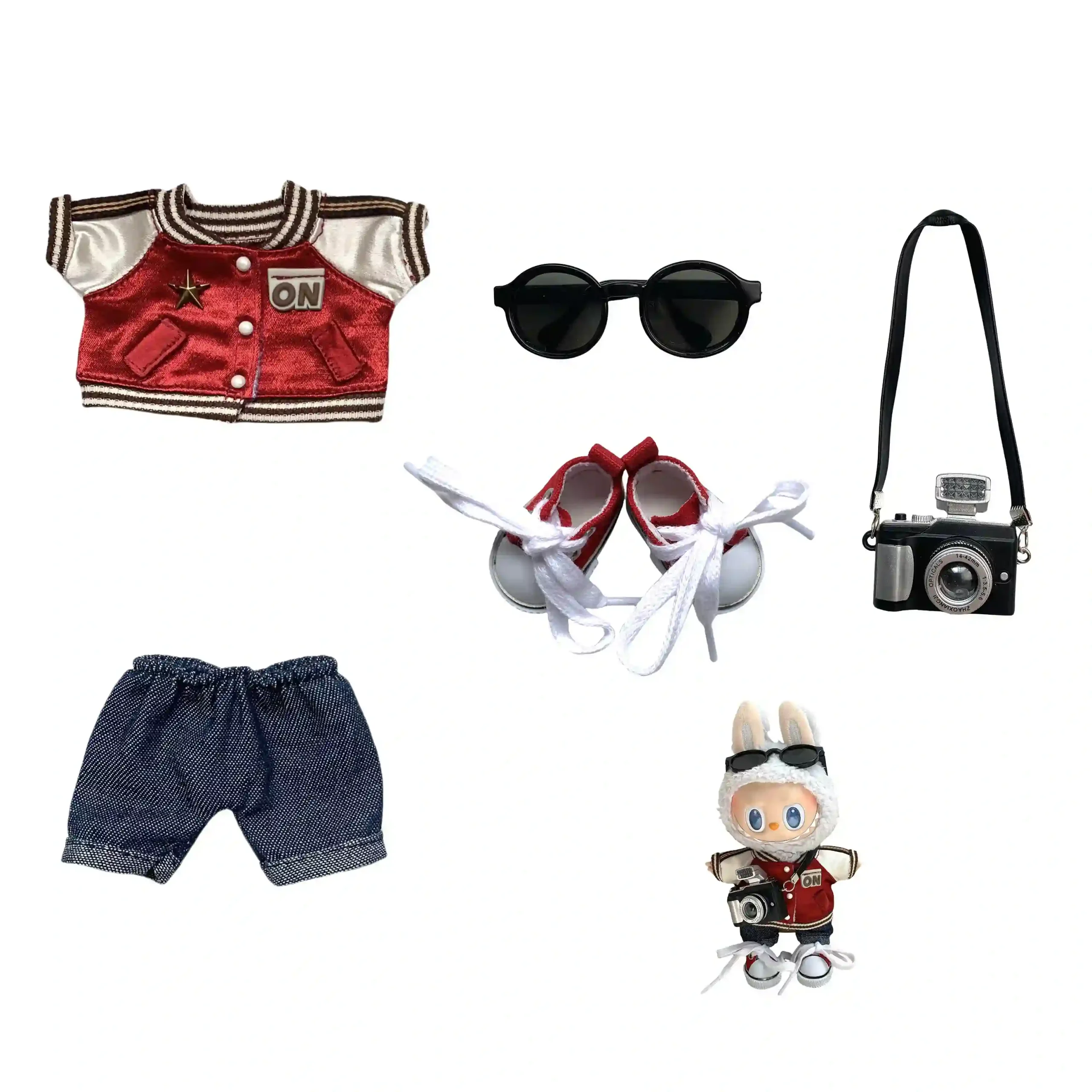 15cm 17cm labubu plush doll red varsity jacket clothes scaled