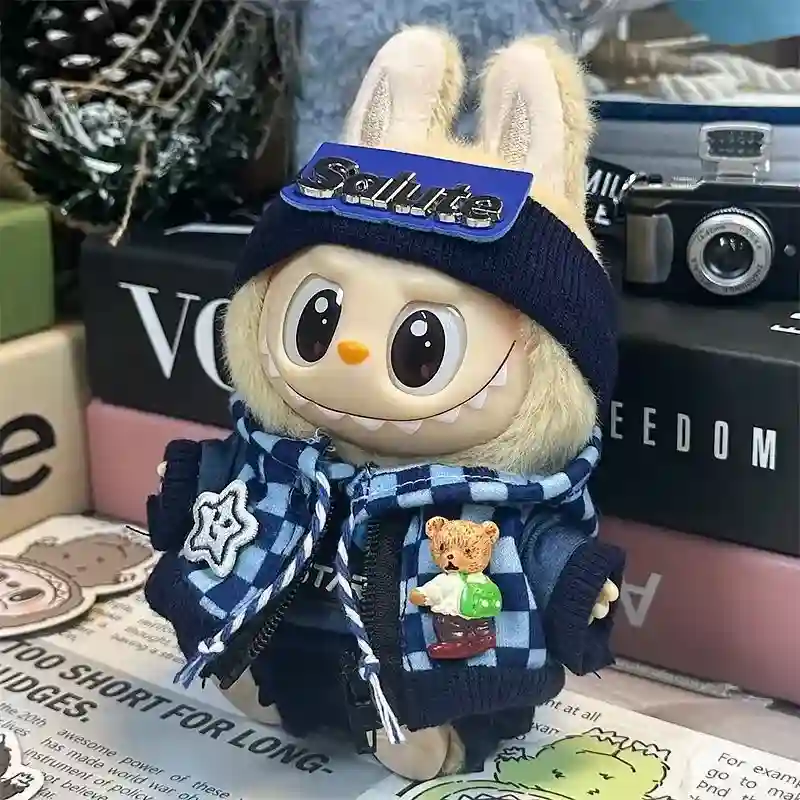 17cm Labubu clothing accessories plaid hoodie beanie and bear charm