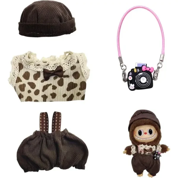 17cm Labubu doll accessories set including gingham bucket hat
