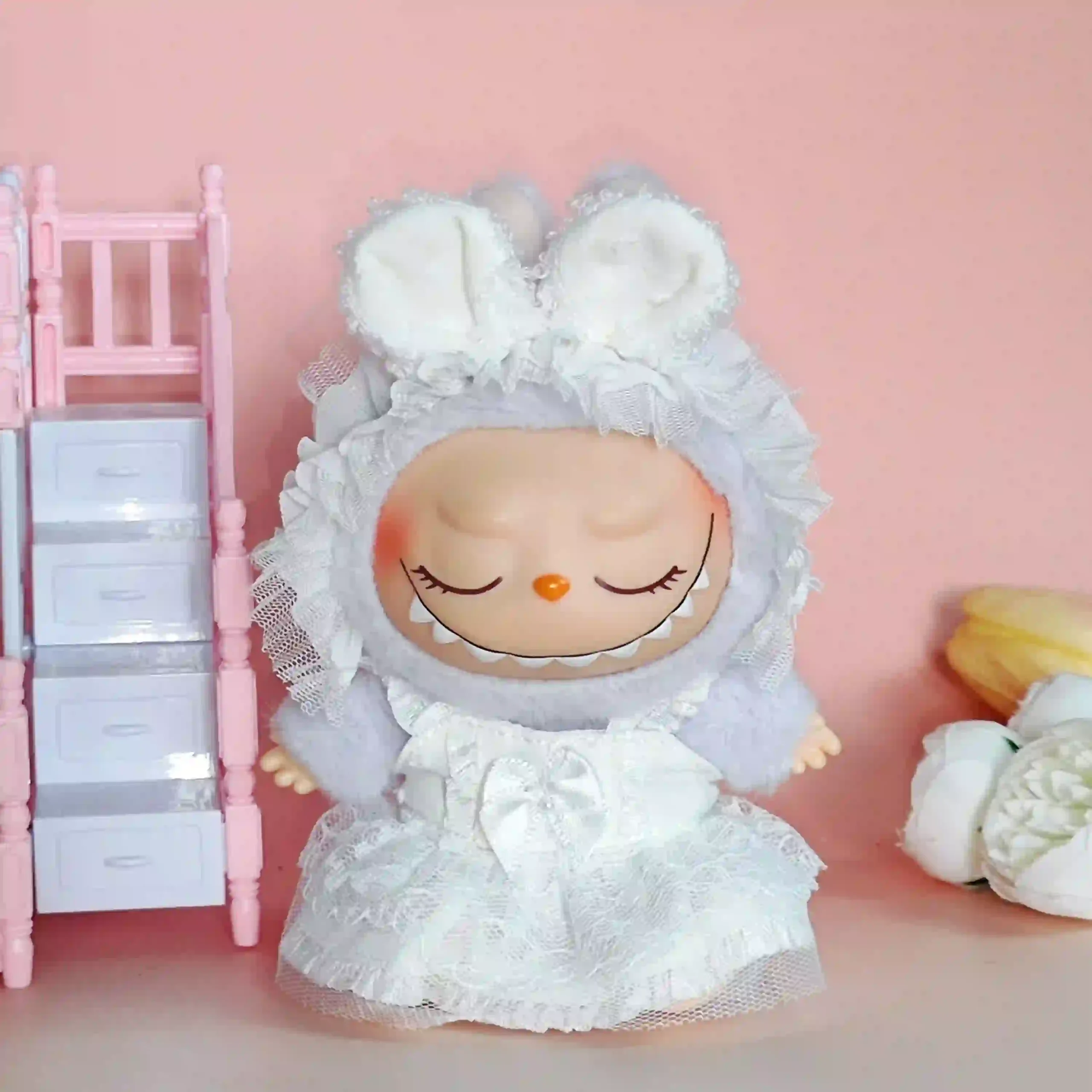 17cm Labubu doll black and white maid outfit blind box scaled