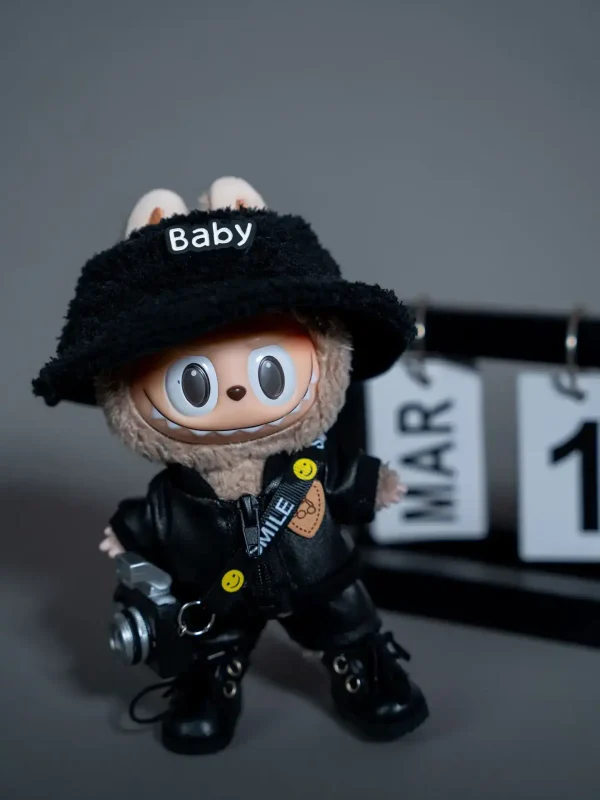 17cm Labubu doll black leather jacket outfit for miniature photography