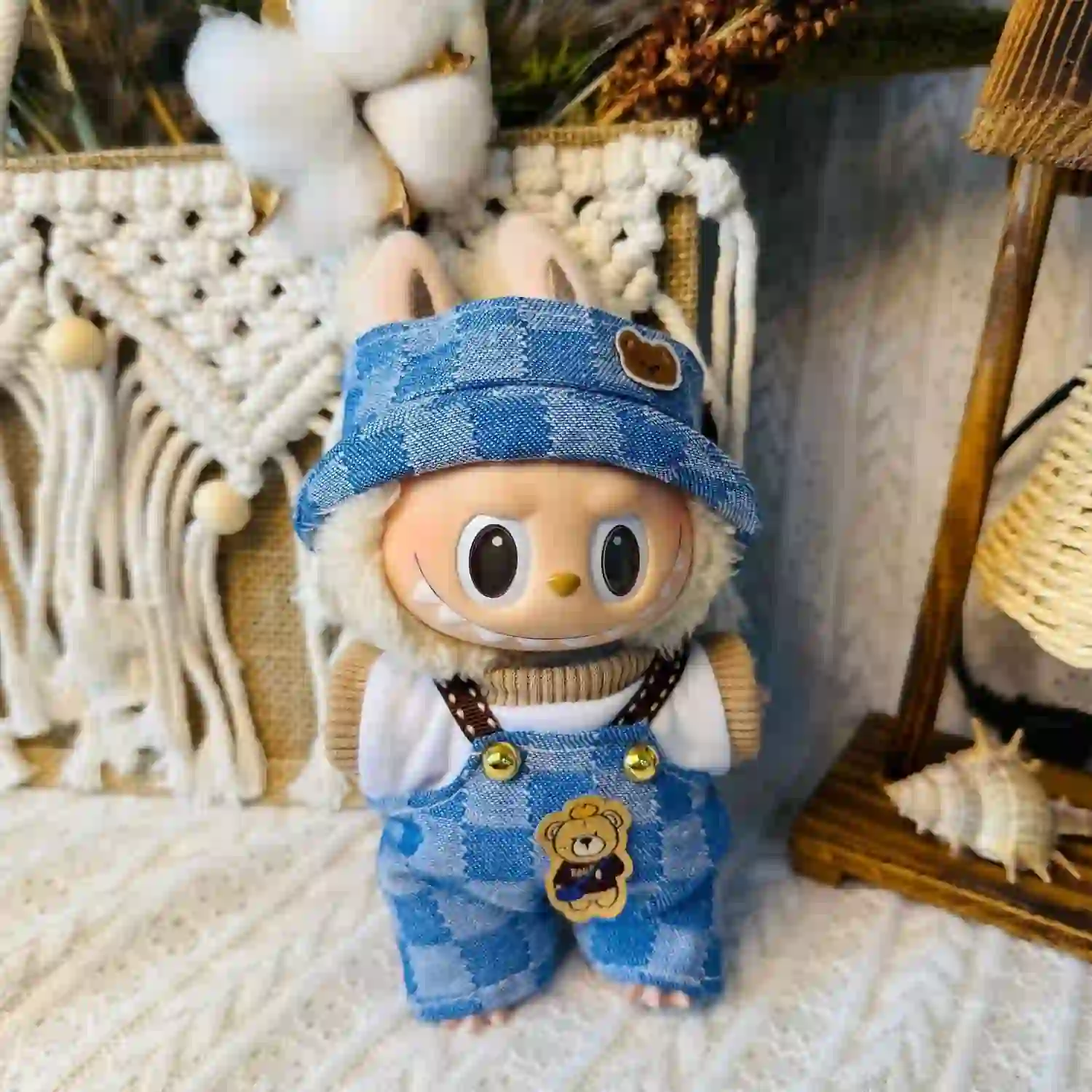 17cm Labubu doll blue gingham outfit set clothes