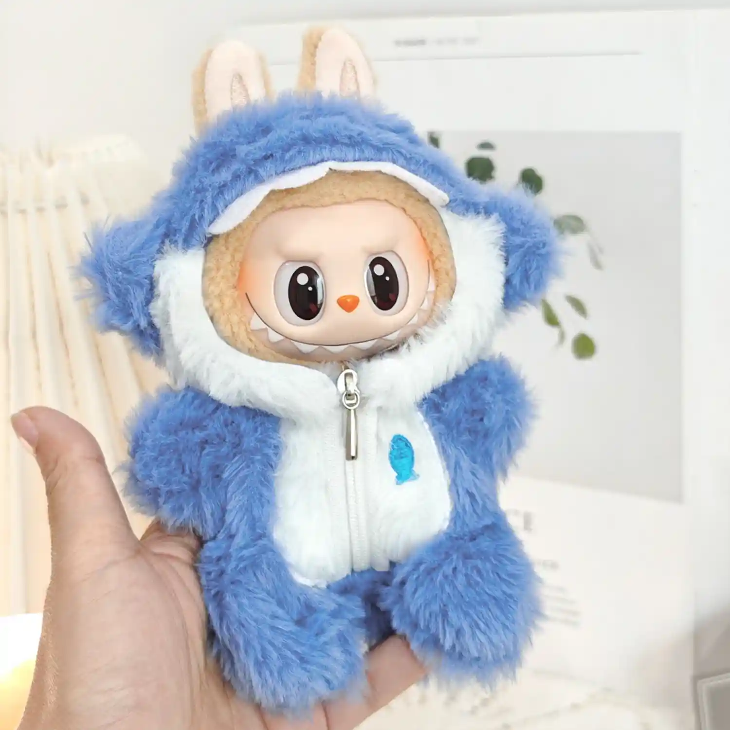17cm Labubu doll blue plush shark onesie outfit