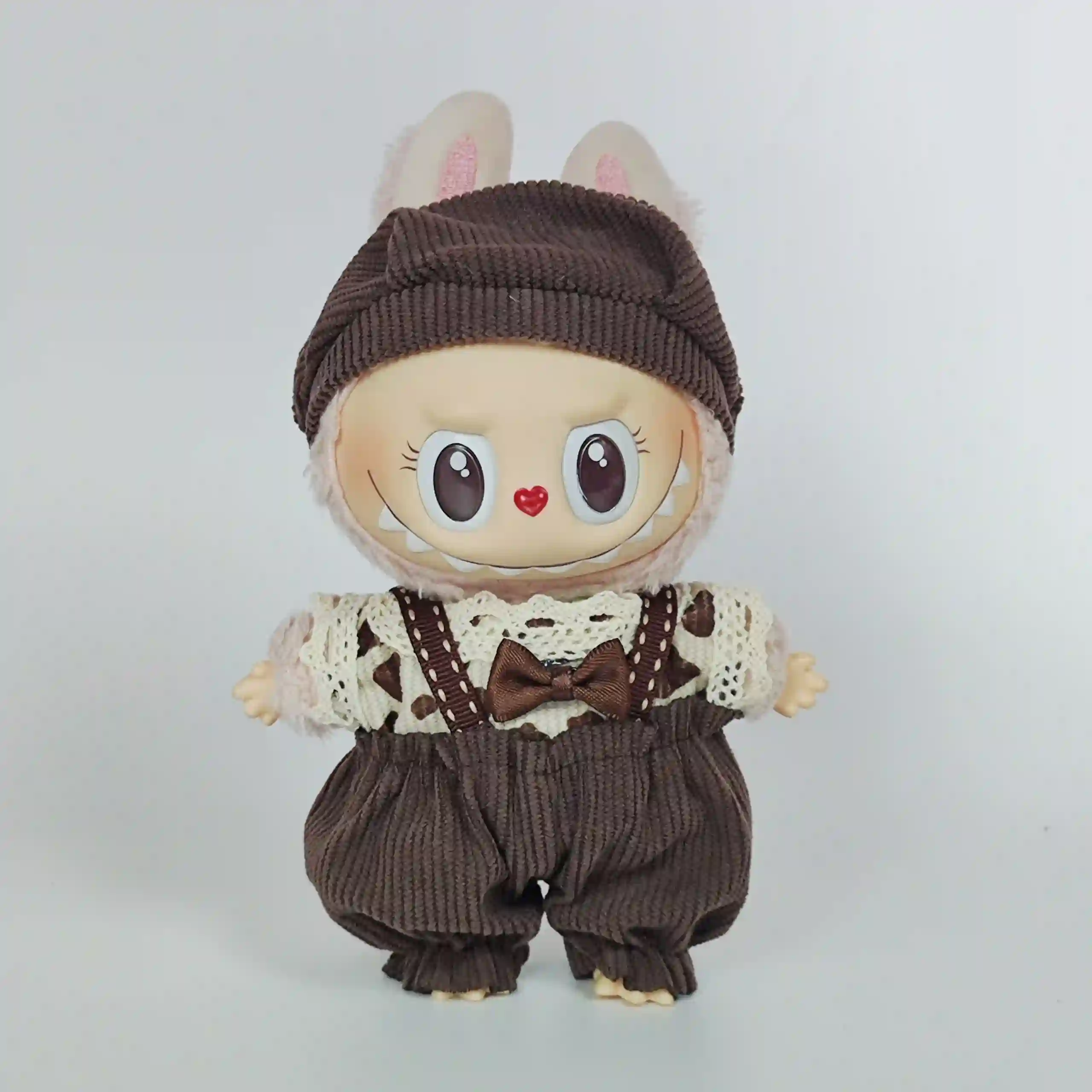 17cm Labubu doll brown corduroy outfit with faux fur top