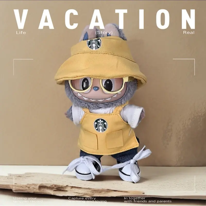 17cm Labubu doll cafe outfit bucket hat apron set