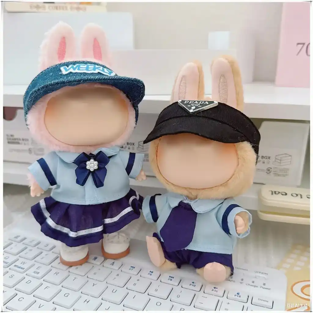 17cm Labubu doll clothes navy blue skirt and plush bunny hood