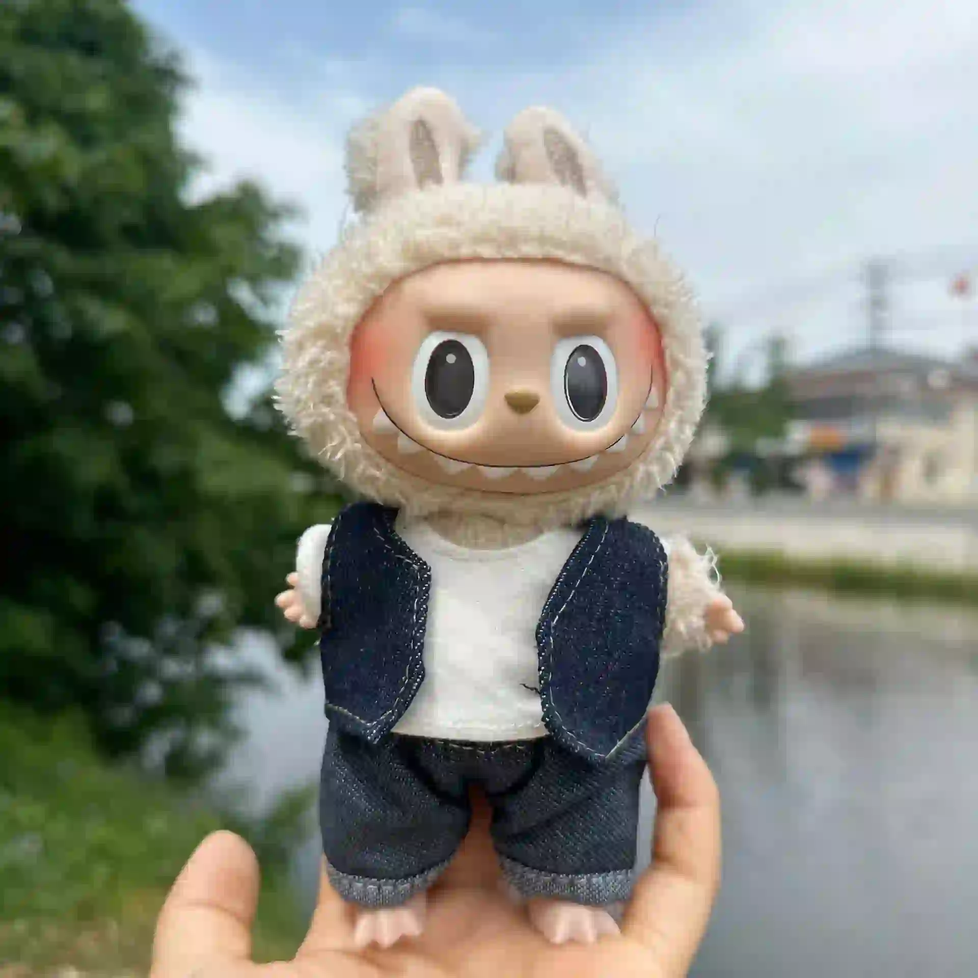 17cm Labubu doll denim outfit set with hat and vest