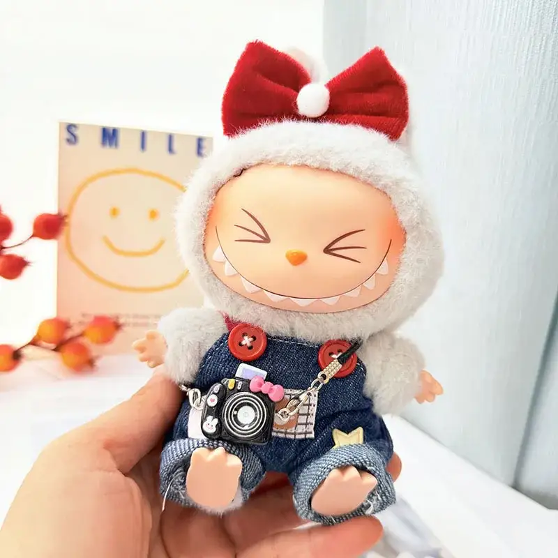17cm Labubu doll denim outfit set with red bow accessory