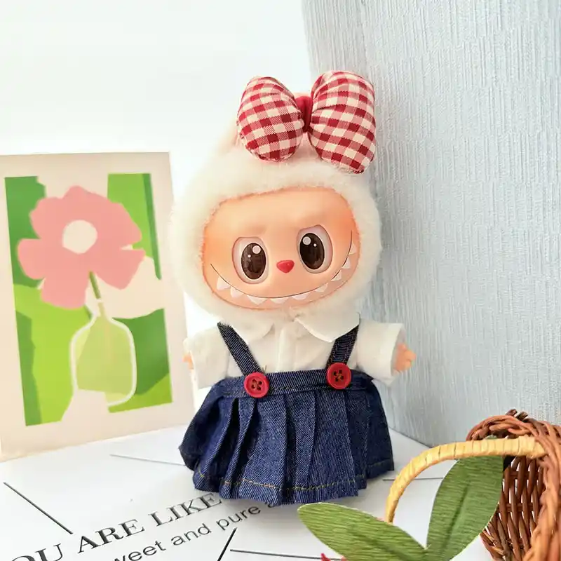 17cm Labubu doll denim overalls outfit with star detail and white shirt