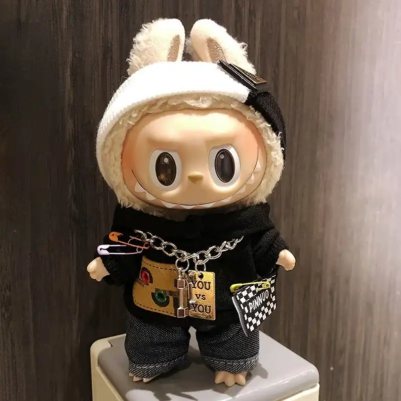 17cm Labubu doll hoodie outfit set black streetwear style