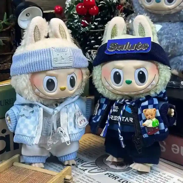 17cm Labubu doll outfit navy blue plaid hoodie and pants set