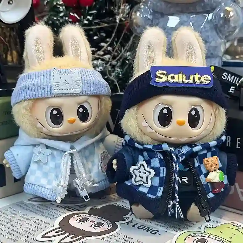 17cm Labubu doll outfit navy blue plaid hoodie with salute patch