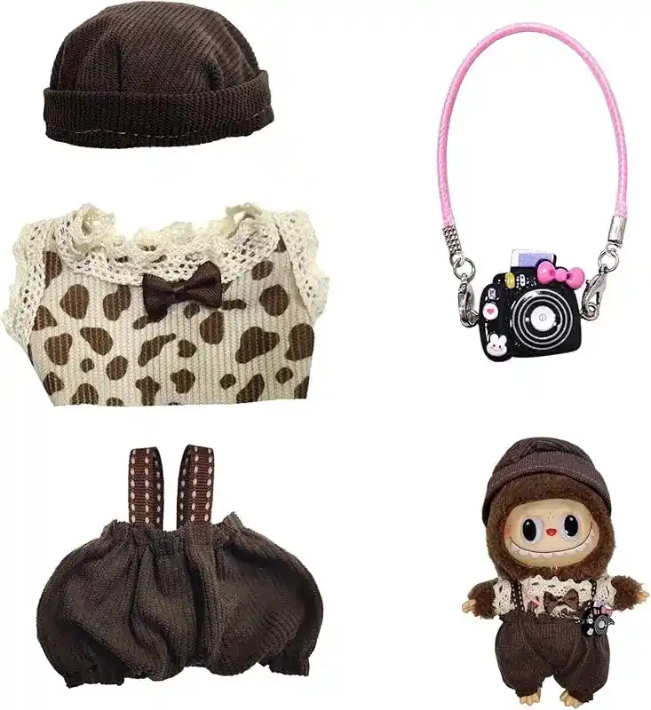 17cm Labubu doll outfit set brown corduroy overalls gingham hat