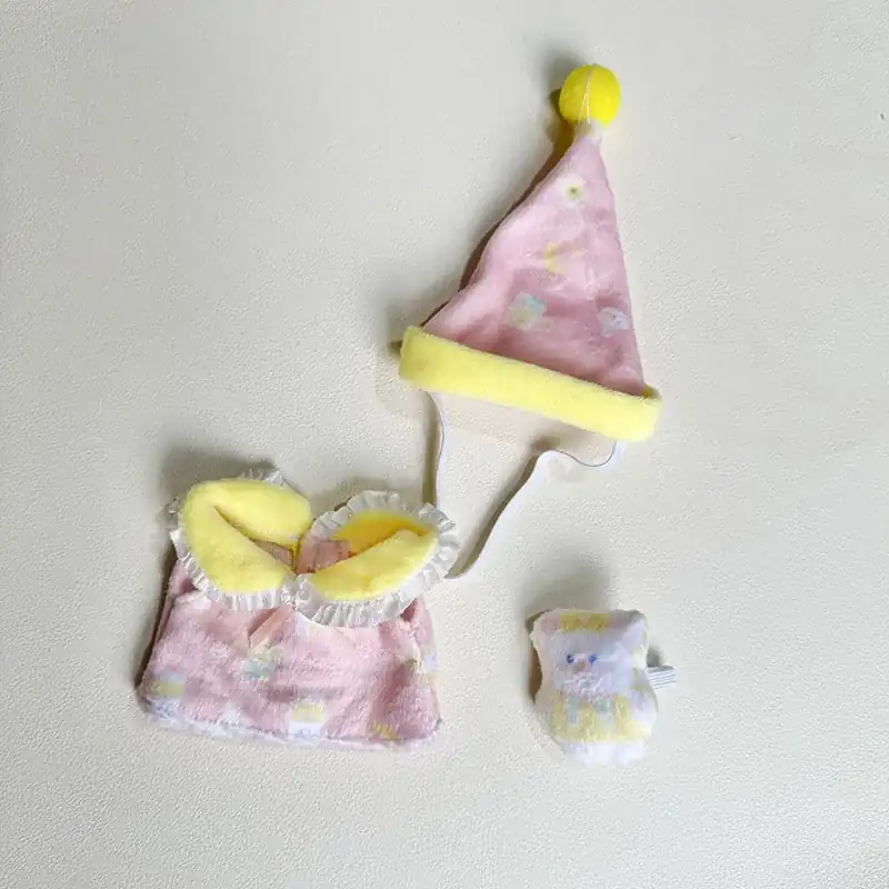 17cm Labubu doll pastel pink pajama outfit set with hat and bear