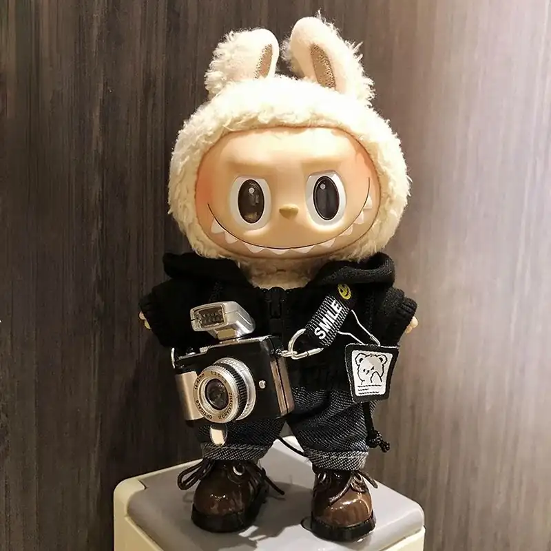 17cm Labubu doll photographer outfit with bunny hoodie and mini camera