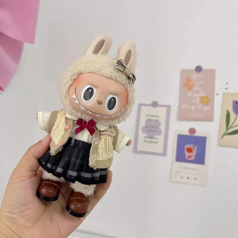 17cm Labubu doll school uniform outfit pink button detail