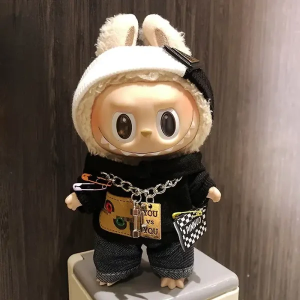 17cm Labubu doll streetwear fashion clothing set with chain