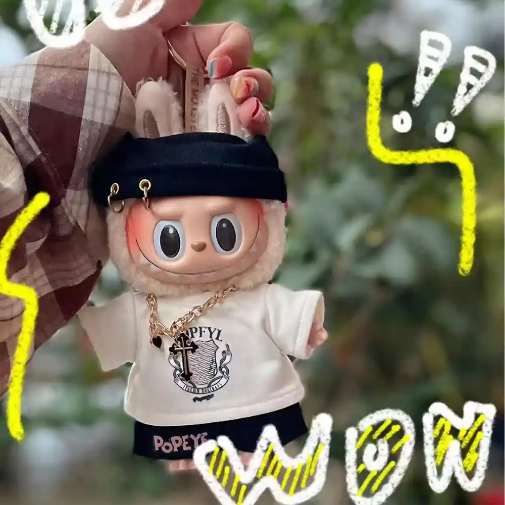 17cm Labubu hip hop outfit clothes set plush doll accessories