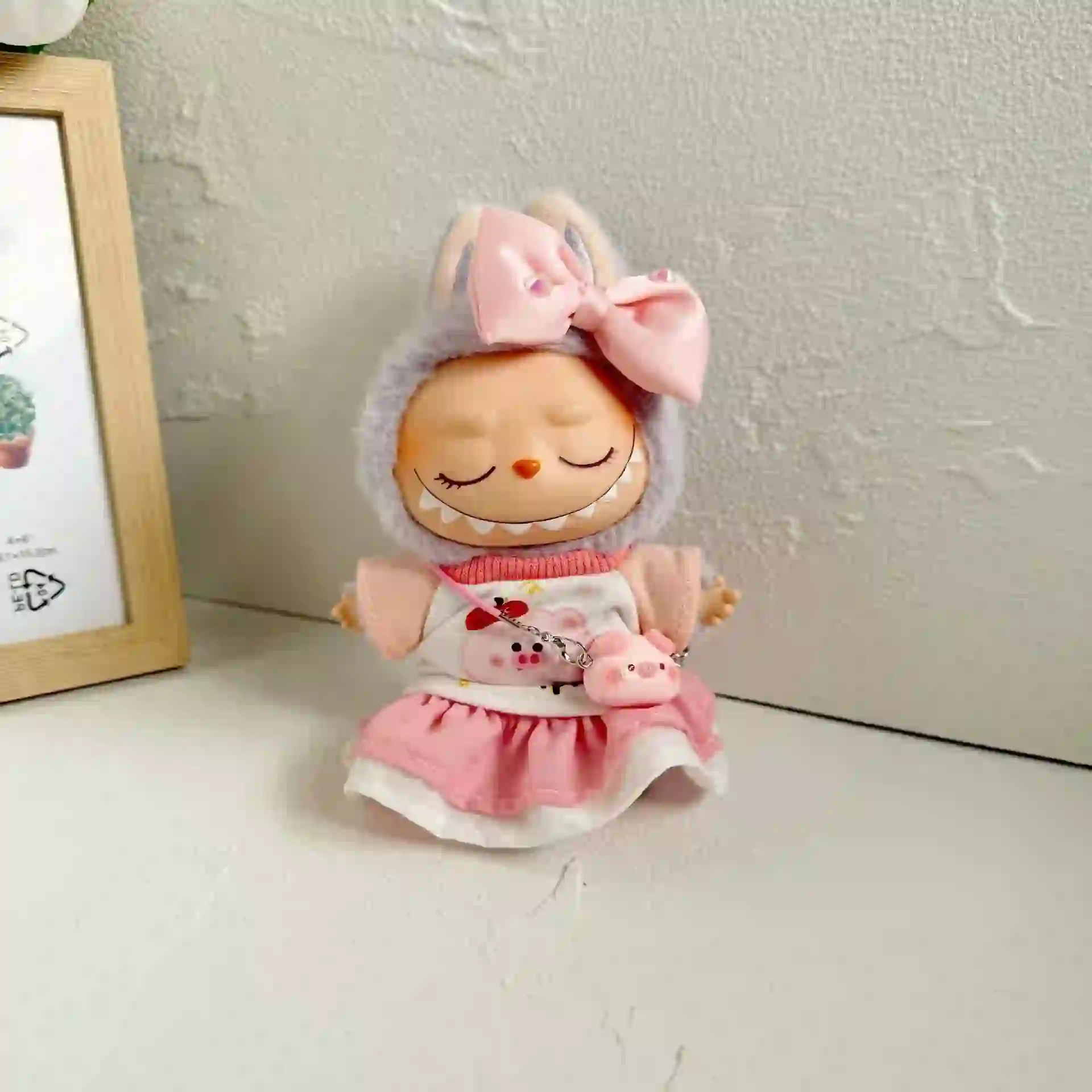 17cm Labubu pink pig girl outfit doll clothes set