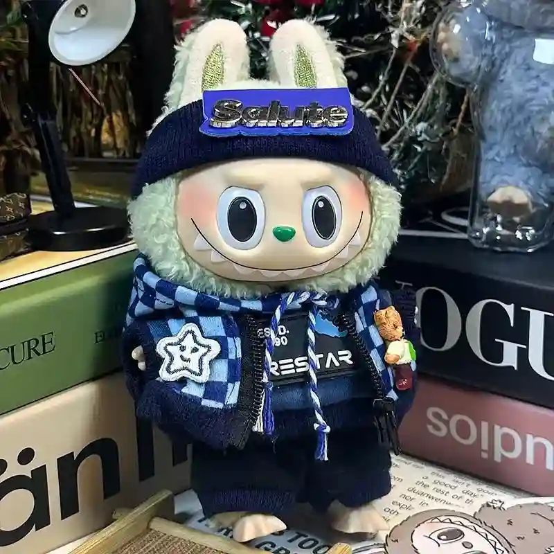 17cm Labubu second generation blind box doll plaid hoodie outfit