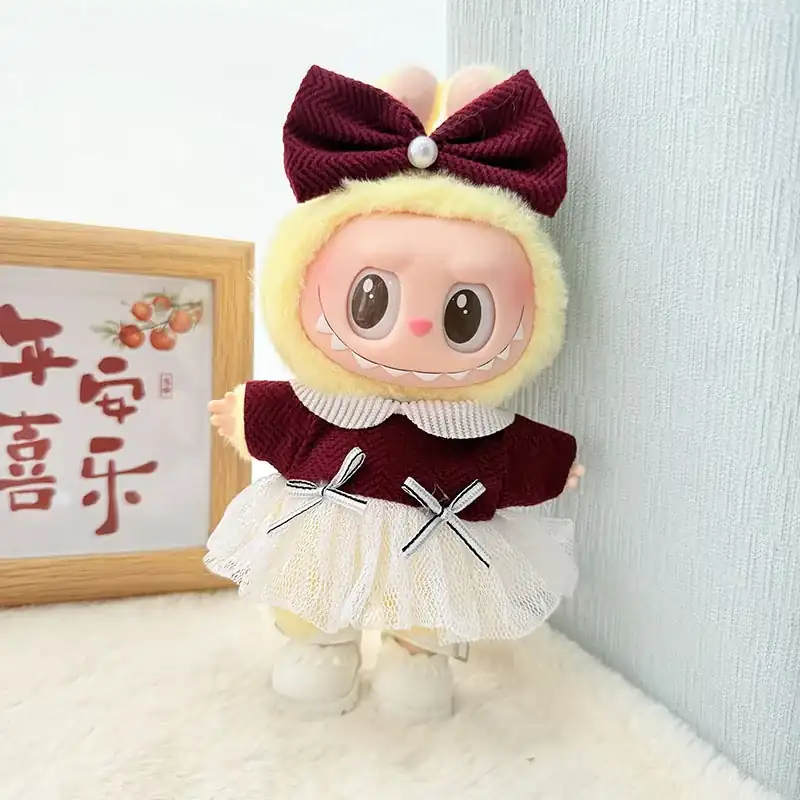 17cm labubu doll clothes burgundy dress and matching headband set