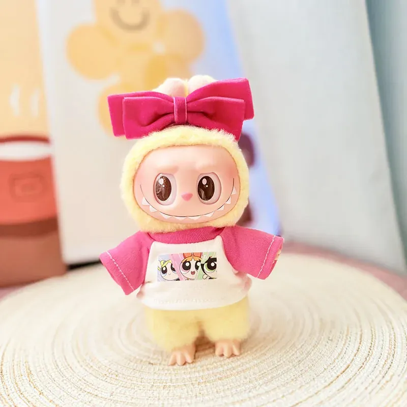 17cm labubu doll clothes set pink overall and bow