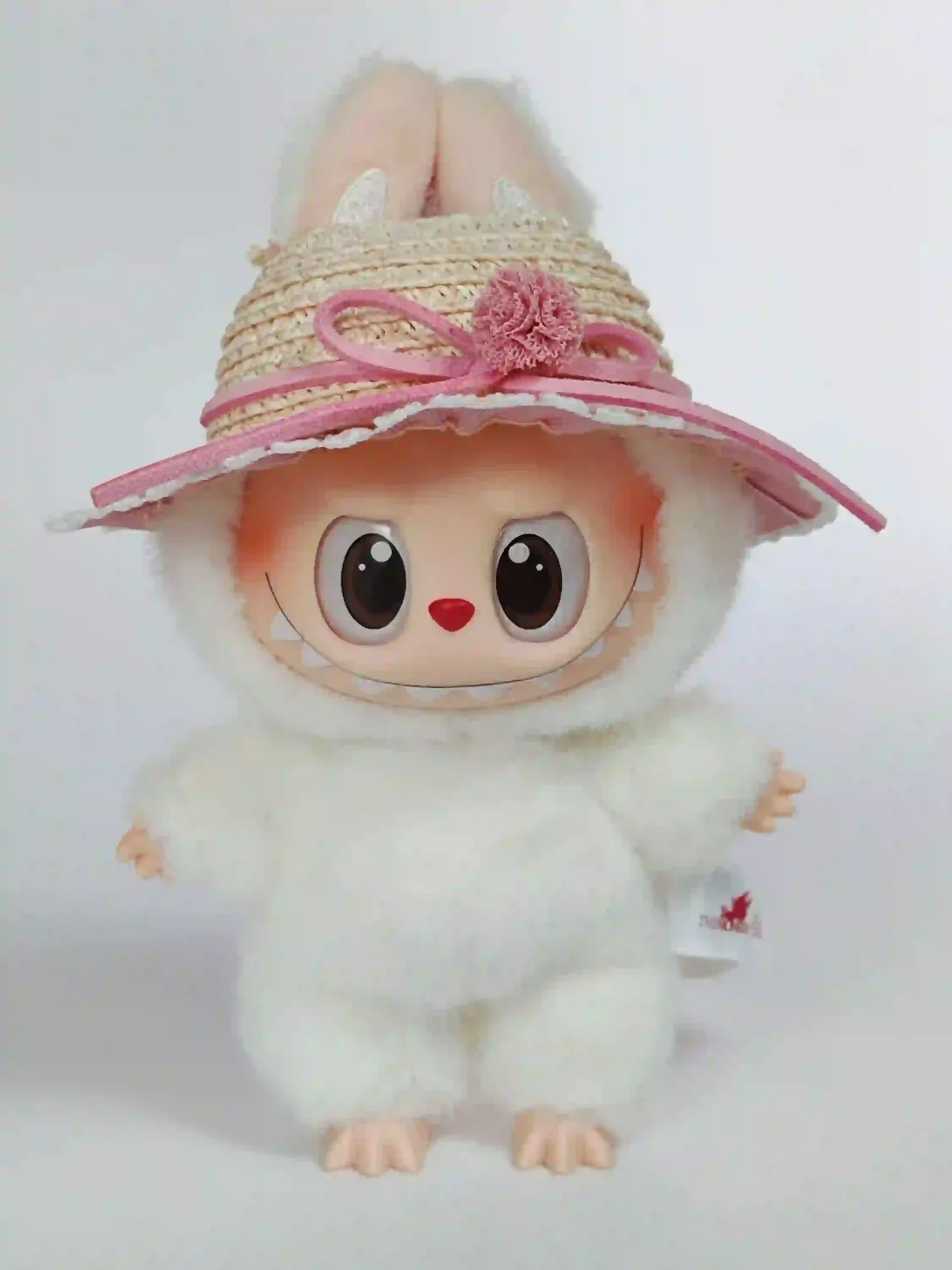 17cm labubu doll clothes straw hat set pink ribbon flower detail scaled