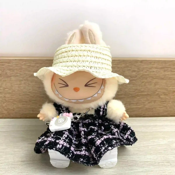 17cm labubu doll dress outfit with straw hat and mary jane shoes