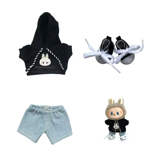 17cm labubu doll outfit denim shorts striped sweater top