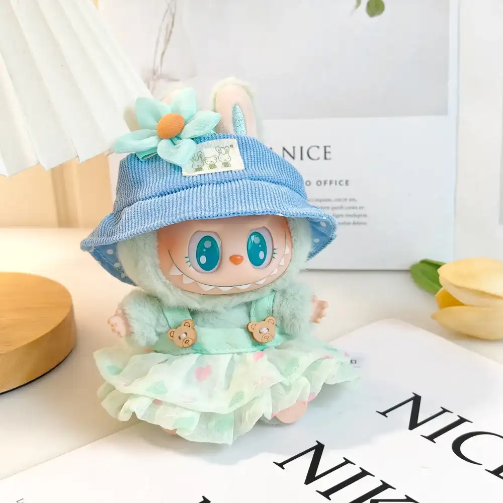 17cm labubu doll outfit pastel colors bunny hat dress accessories