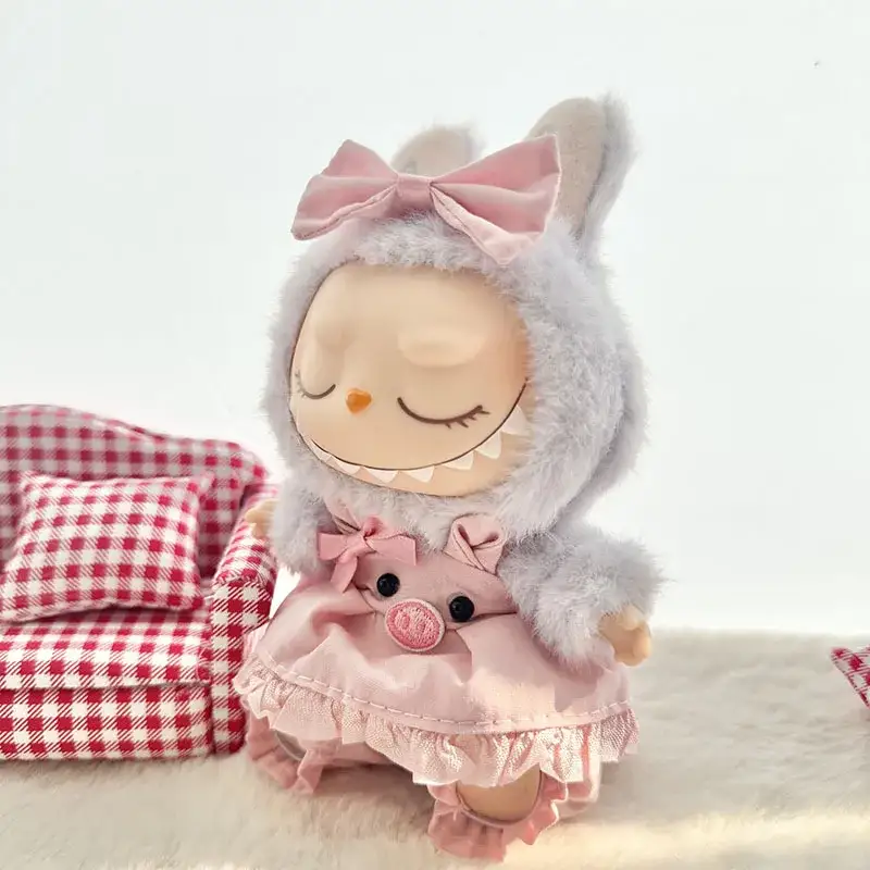 17cm labubu doll pink bunny dress outfit accessories