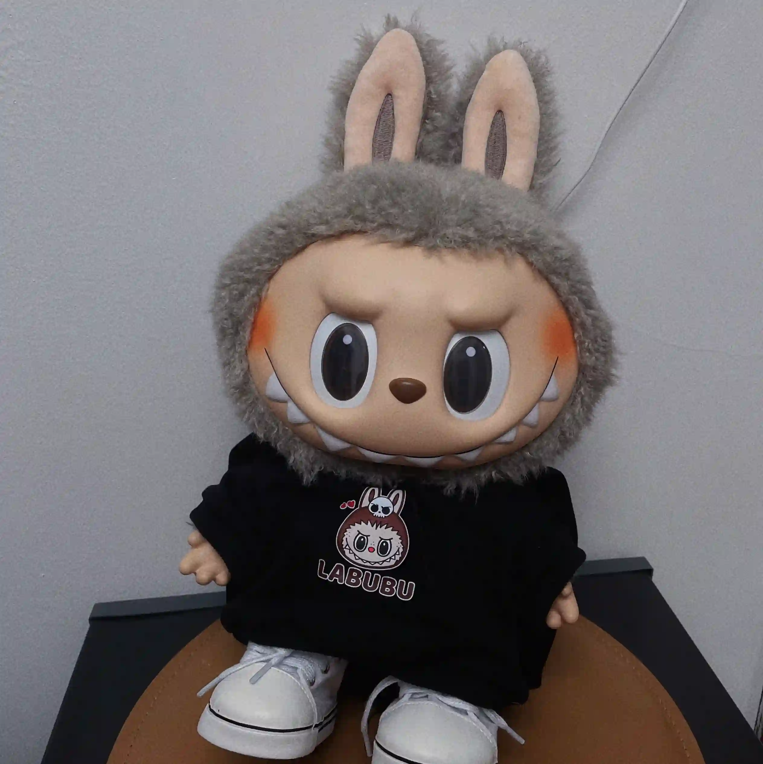 38cm Labubu plush doll hoodie outfit set black vinyl coating