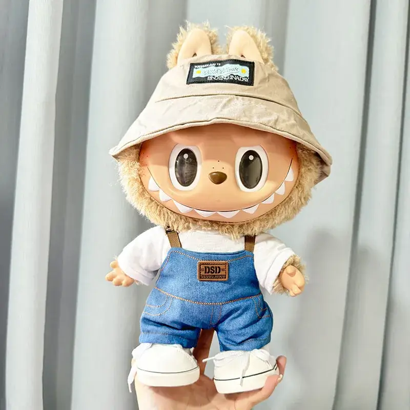 38cm labubu doll casual outfit set with beige bucket hat