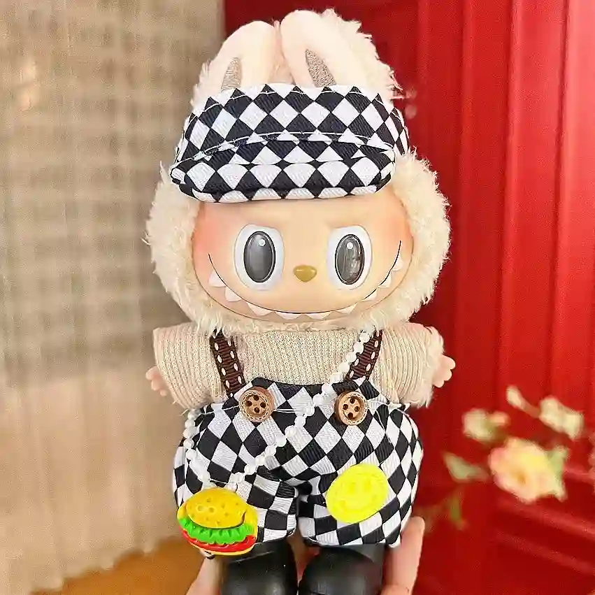 Adorable 17cm Labubu doll outfit red white checkered overalls