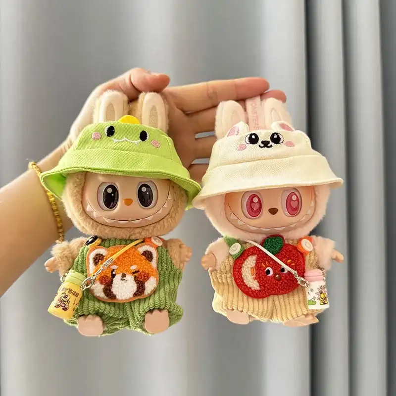 Labubu doll clothes set with red panda applique overalls
