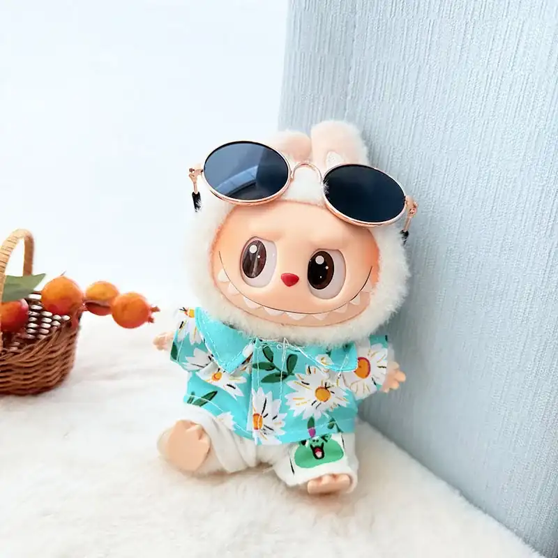 Labubu doll summer clothes featuring a daisy print shirt and shorts