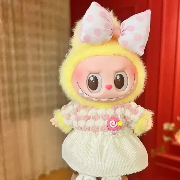 Red and white checkered overalls outfit for 17cm Labubu