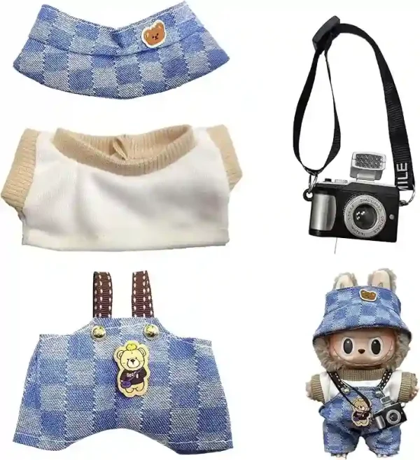 adorable 17cm Labubu doll outfit with gingham overalls and hat