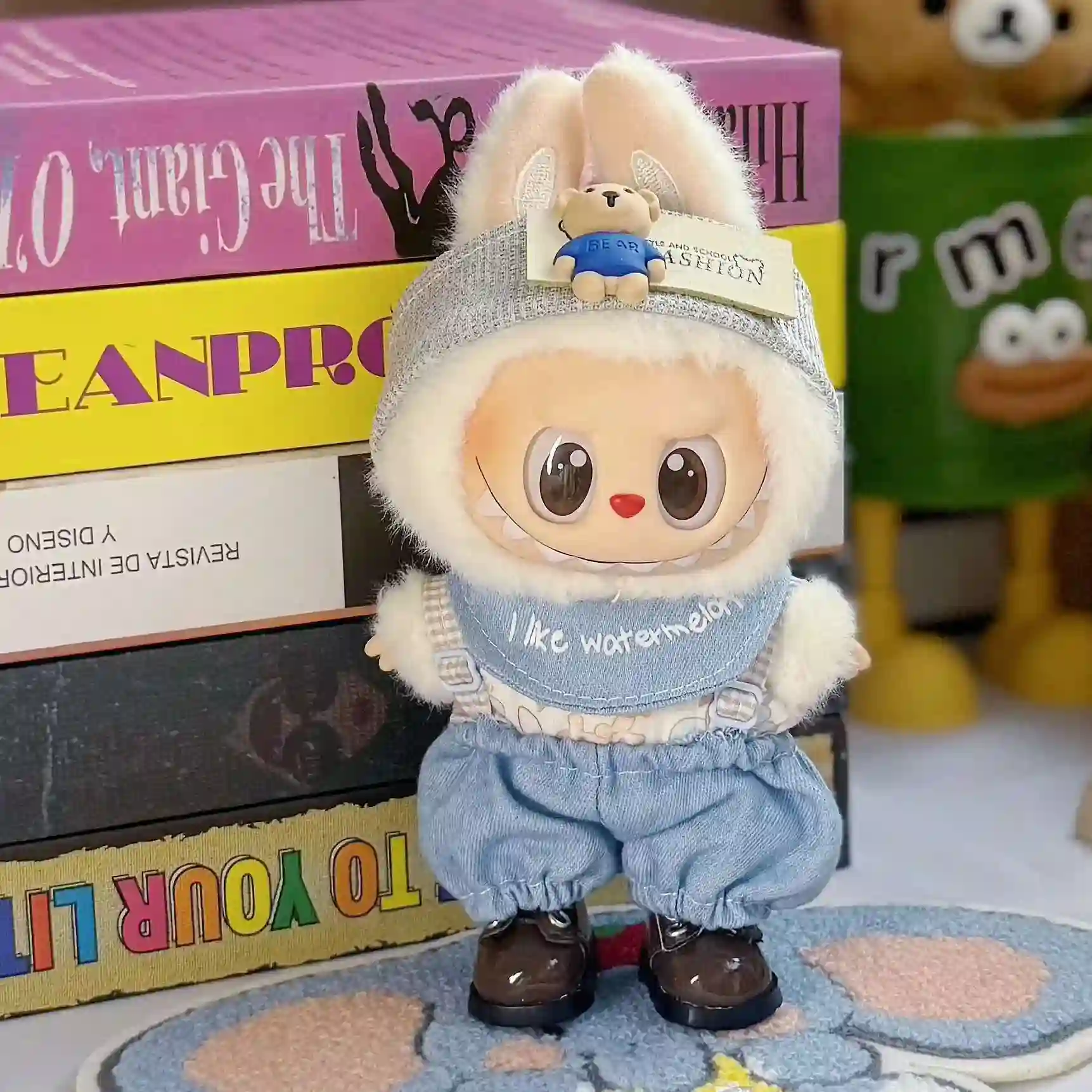 adorable labubu bunny outfit denim overalls hat plush doll clothes
