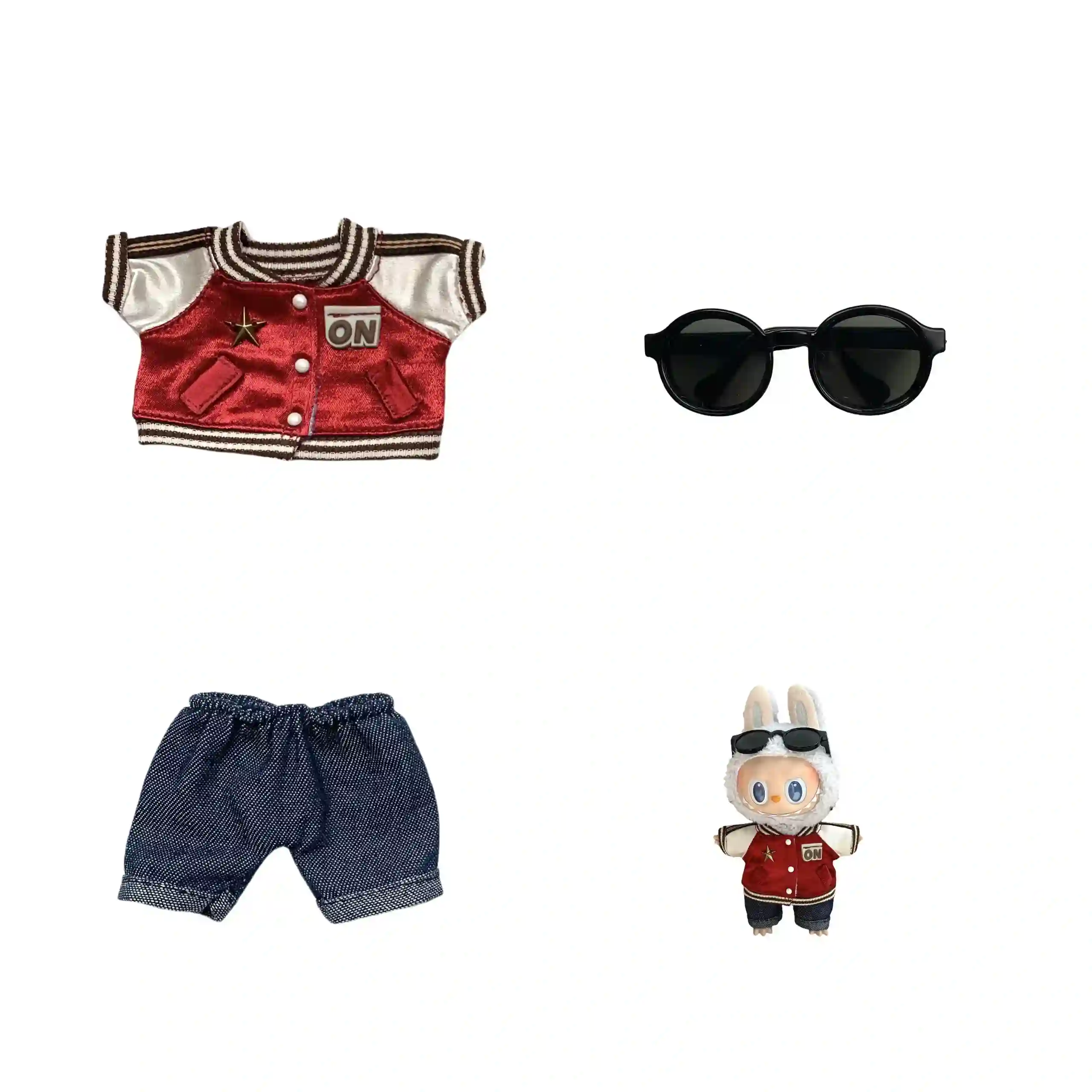 adorable labubu doll accessories red jacket denim shorts set