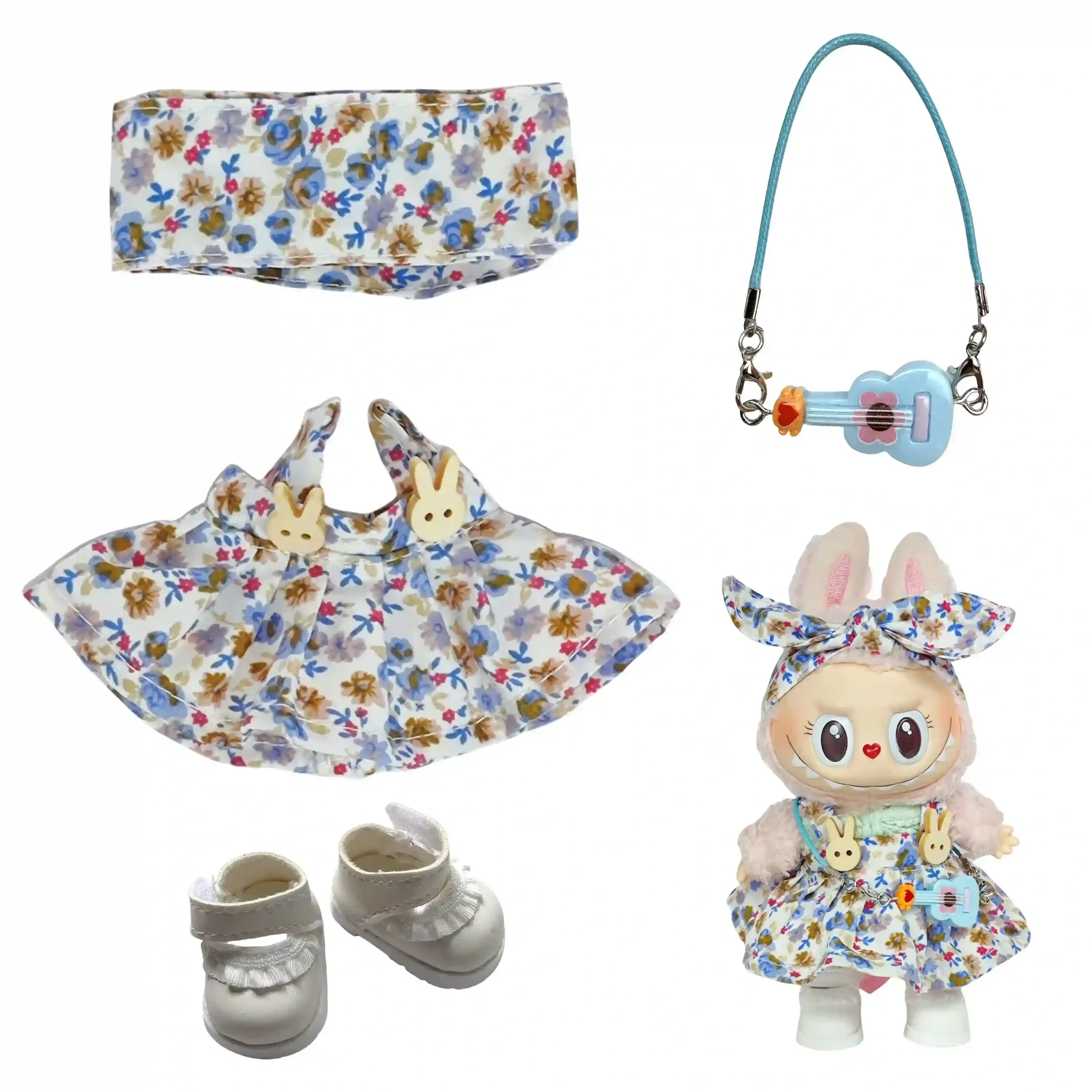 adorable labubu doll floral dress outfit with shoes and headband scaled