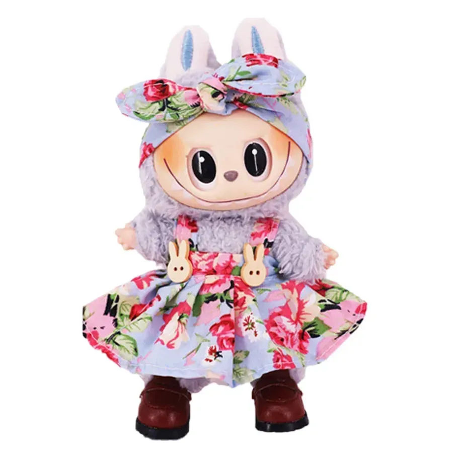adorable labubu doll outfit floral dress striped shirt accessories