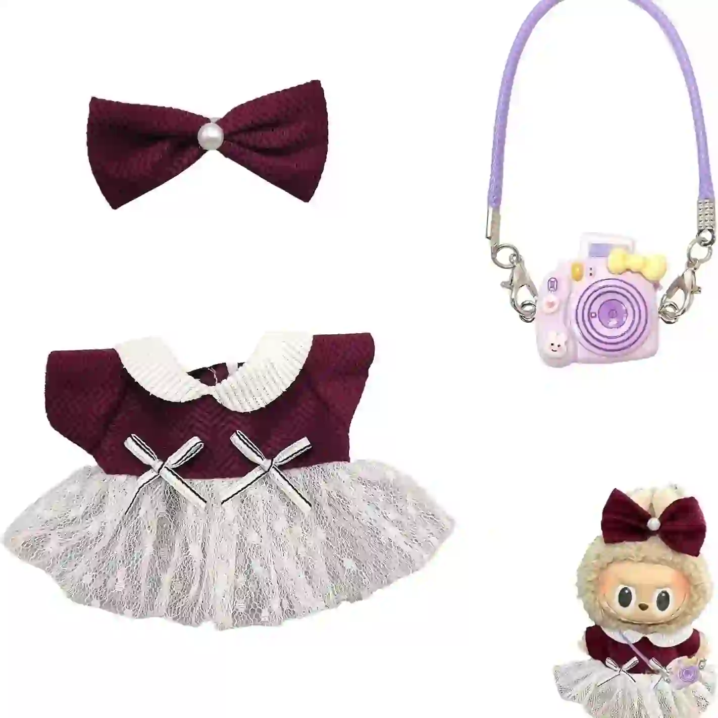 adorable labubu doll outfit with mini camera handbag accessory