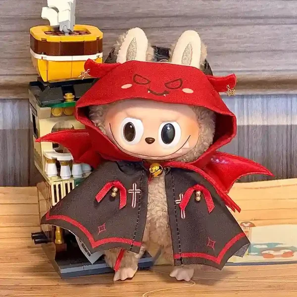 adorable labubu doll vampire outfit with bat wings and red trim
