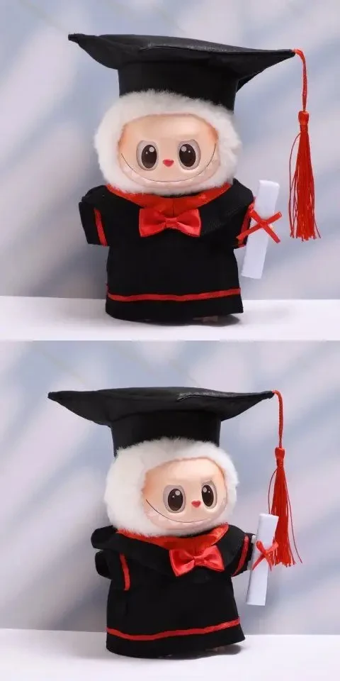 adorable labubu graduation costume with cap bow tie and diploma