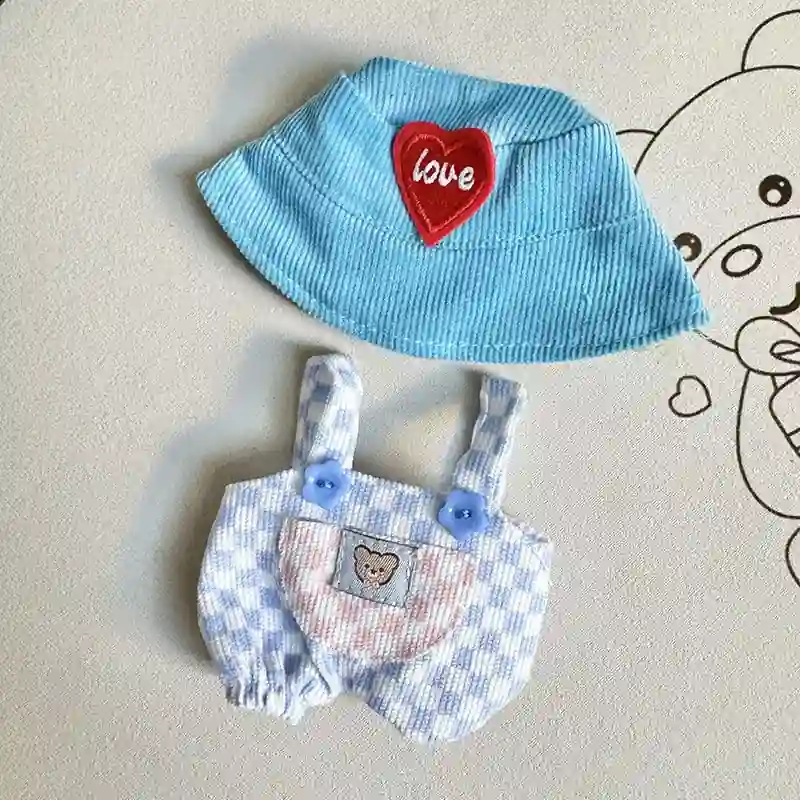 adorable pastel labubu overalls and bucket hat outfit set