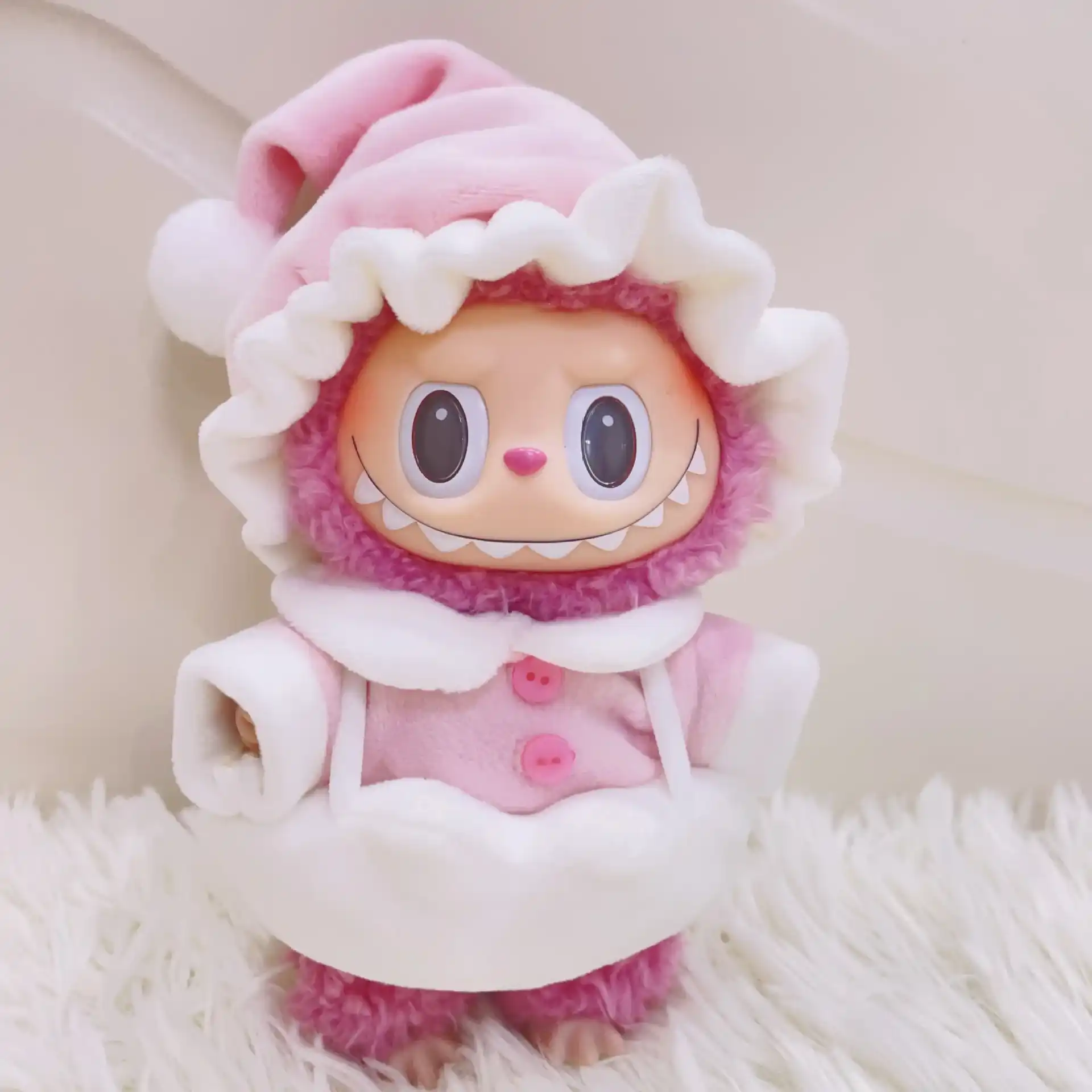 adorable pastel pink labubu doll pajama outfit with hat