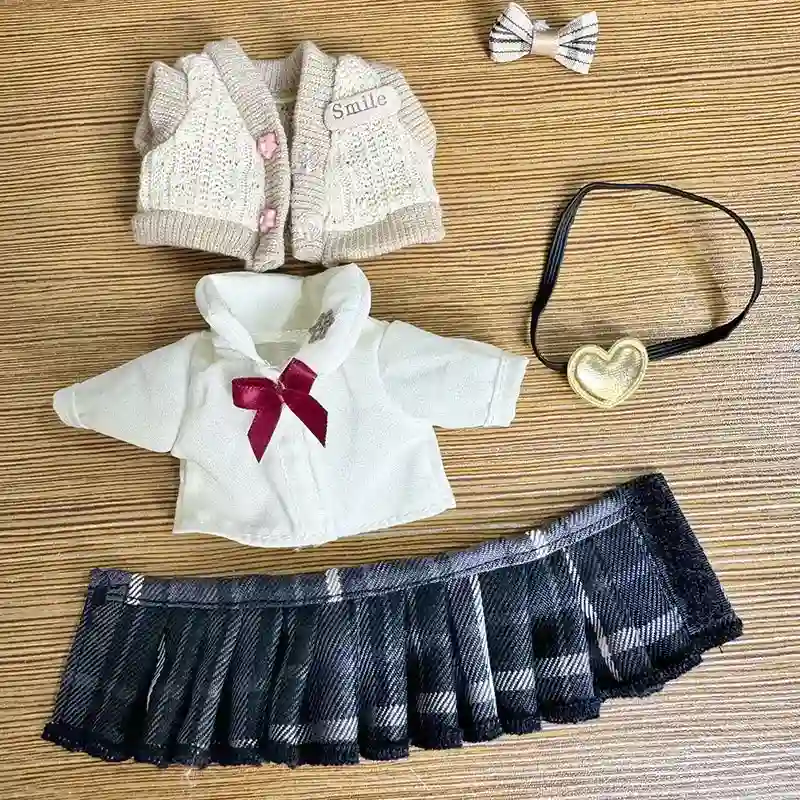 beige cardigan white blouse plaid skirt Labubu outfit